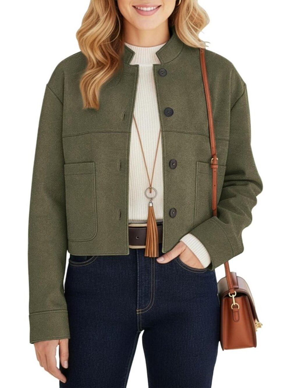 Women's Olive Chic Faux Suede Oversized Button-Down Cropped Motorcycle Jackets